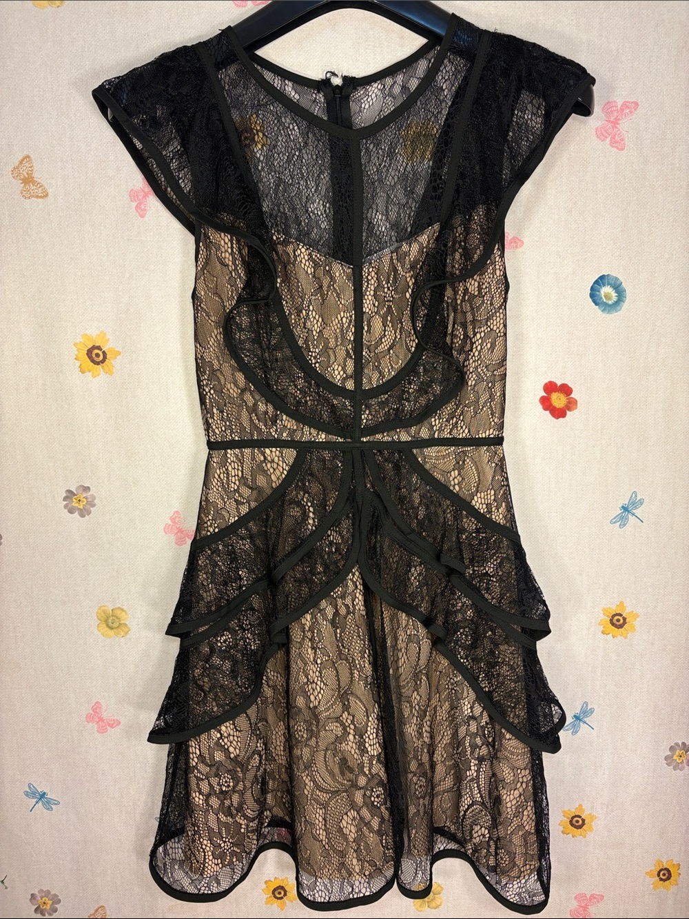 L’Atiste By Amy -Black Lace Mini Dress with Nude Lining - Feminine Ruffle Detail